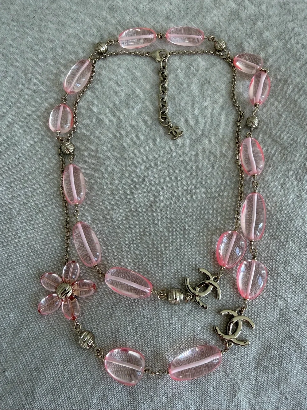 🌸CHANEL Pink Bead Camellia & CC Charm Layered Necklace🌸